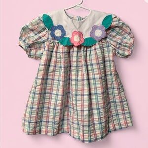 Vintage 90s Samara Plaid Dress w/ Floral Appliqué Peter Pan Collar | Size 2T